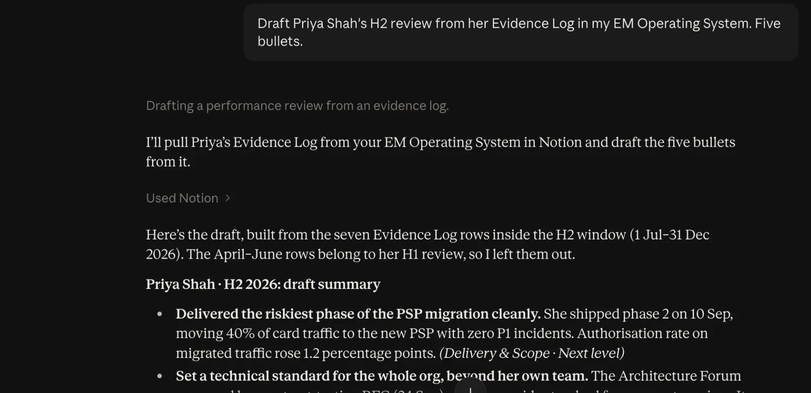 Claude drafting Priya Shah's H2 review from her Evidence Log via Notion MCP