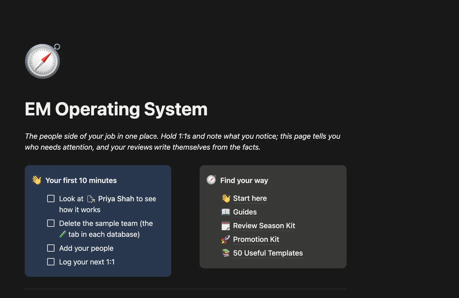 EM Operating System home page with 'Your first 10 minutes' and 'Find your way'