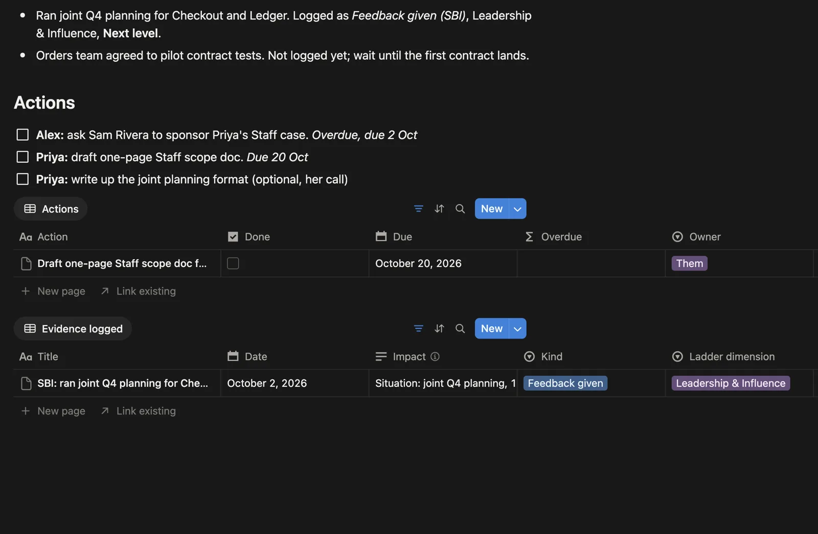 A 1:1 note with actions and an Evidence logged table tagged by ladder dimension